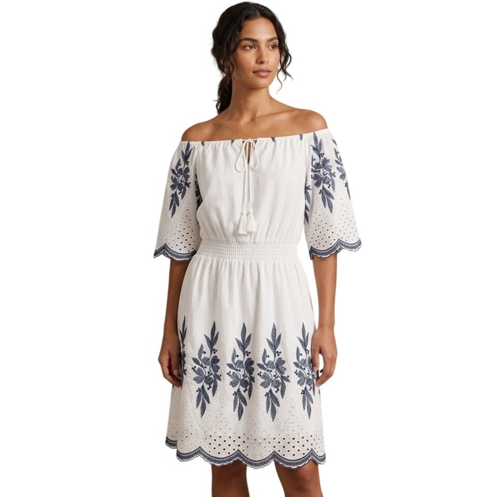 Kindred‎ White Blue Size M Floral Embroidered Cotton Boho Off-Shoulder Dress